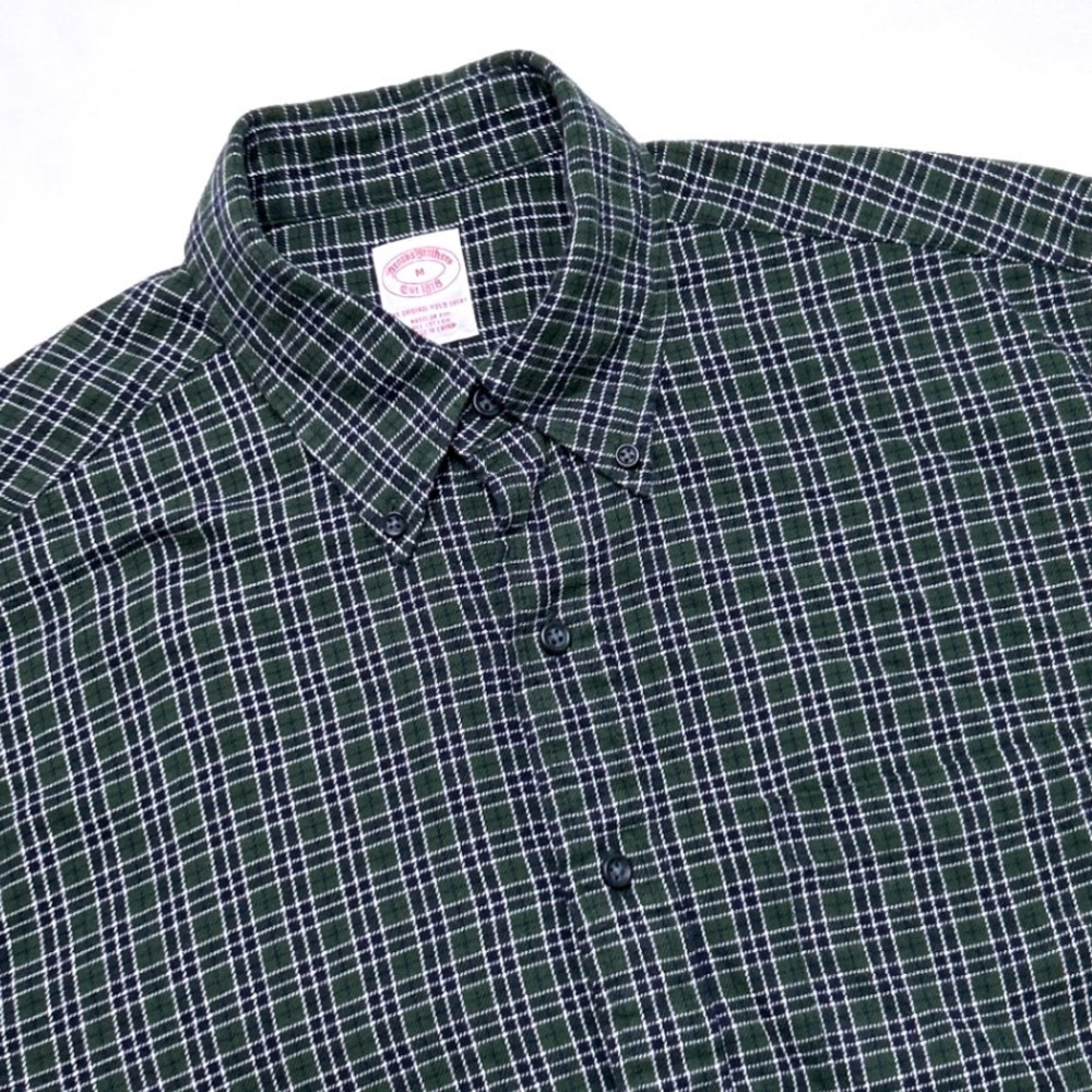 Brooks Brothers Mens Plaid Button Down Polo Shirt Size M Green Navy Blue Preppy